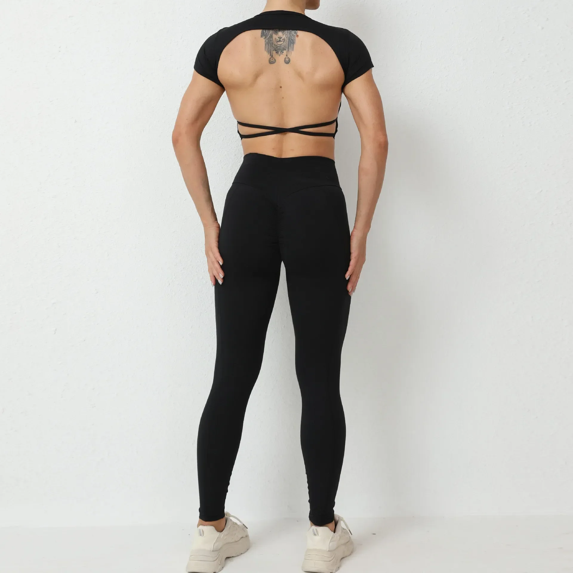 Conjunto de mallas deportivas con espalda descubierta para mujer, traje de gimnasio Sexy, chándal de manga corta para Fitness, ropa de Yoga rosa