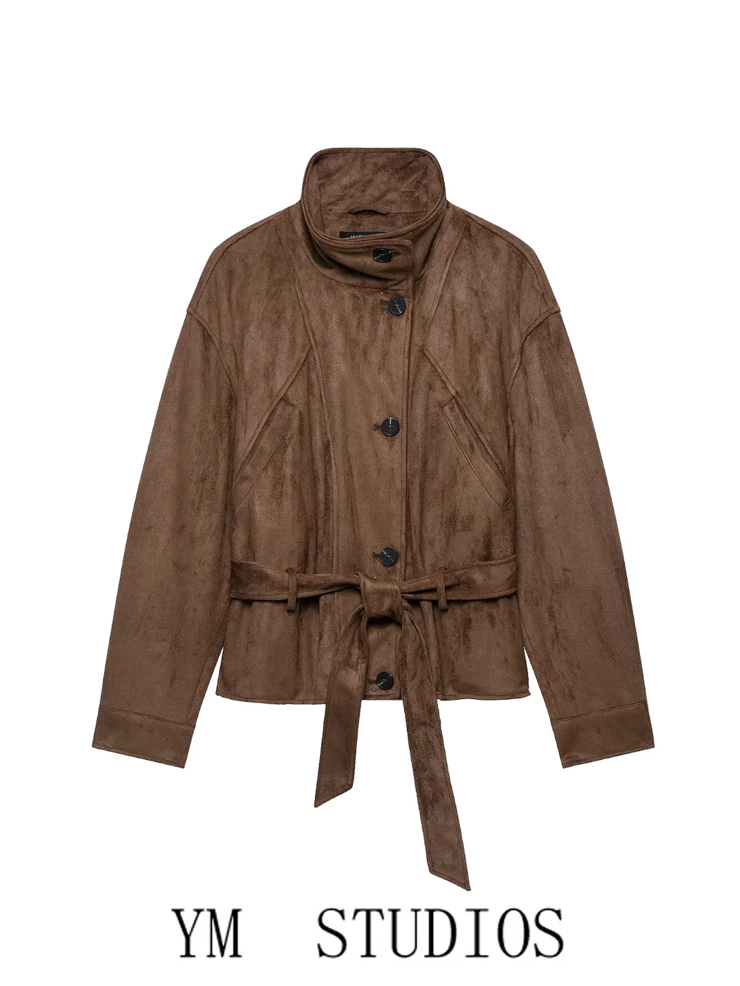 Retro Style Women's Short Jacket Suede Waist Belt Decorated Stand Collar Slim Fit Polyester Fiber Long Sleeve Coat