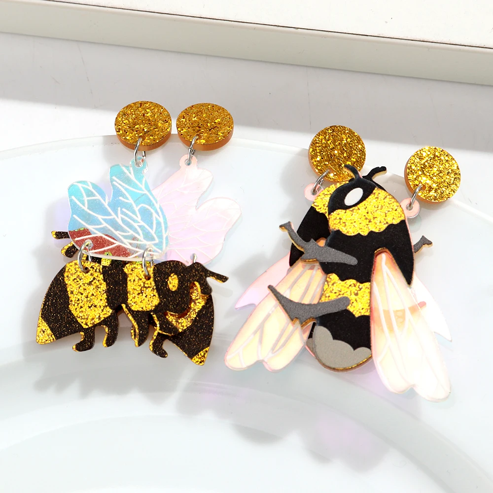 Creative Acrylic Bumblebee Insect Pendant Earrings for Women Lovely Cartoon Dangle Earring Funny Jewelry Gifts