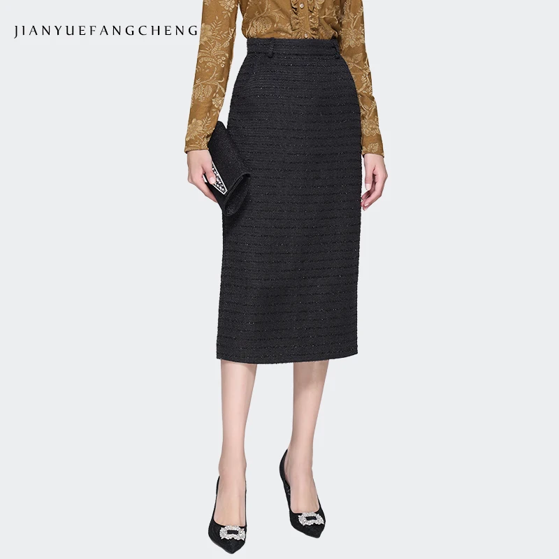 

2024 New Autumn Winter Women' Black Coarse Blending Woolen Pencil Skirt With Pockets Slit Midi Skirts