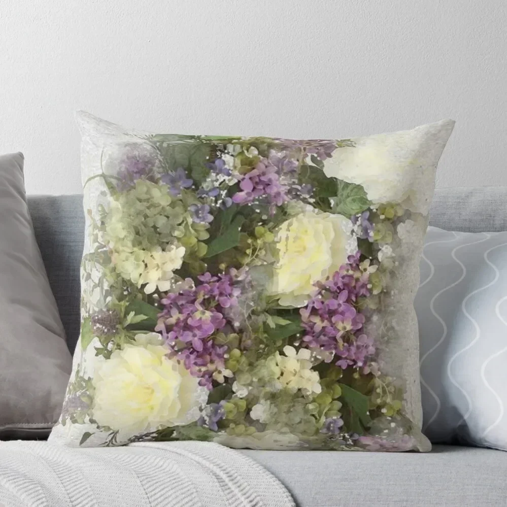 

All kinds of lovely- a watercolour floral bouquet of cream roses and purple flowers Throw Pillow Marble Cushion Cover pillow