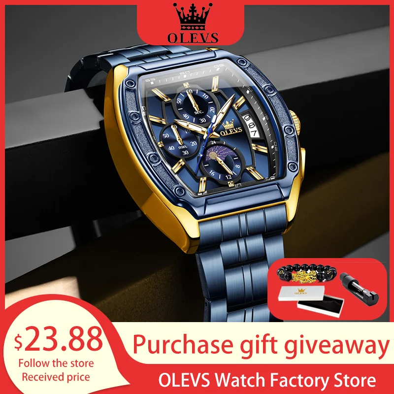 

OLEVS 3661, водонепроницаемые мужские часы Tonneau, хронограф с фазой Луны, кварцевые часы, светящиеся модные наручные часы из нержавеющей стали