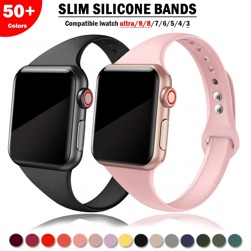 Slim Silicone strap for Apple watch band ultra 2 49mm 45mm 44mm 41mm 40mm 38-42 mm Sport bracelet iWatch series 8 7 6 5 se 4 3 9