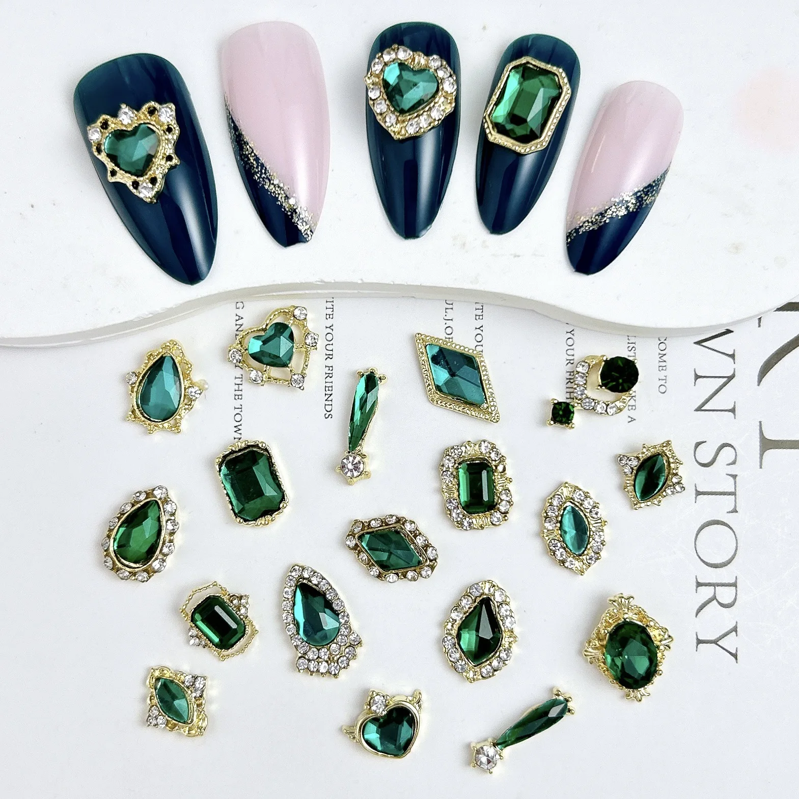 20PCS 3D Metal Alloy Geometric Nail Art Decoration Sparkling Dark Green Glass Rhinestones Inlaid Nail Charms for DIY Nail Crafts