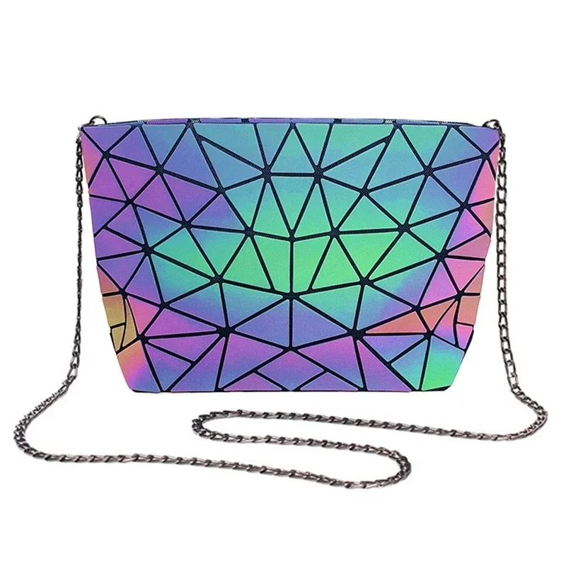 Fashion reflective Chain crossbody bags for women folding geometric holographic purses luminous sling shoulder bag