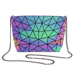 Fashion reflective Chain crossbody bags for women folding geometric holographic purses luminous sling shoulder bag