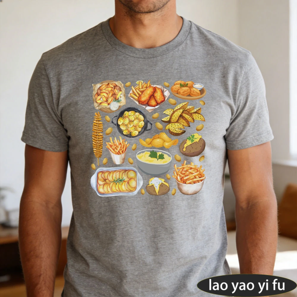 Cartoon Various Potato Food Collection Grafikdruck-T-Shirt für Herren, Baumwolle, Rundhalsausschnitt, Potato Lover, tägliches, lässiges Kurzarm-T-Shirt