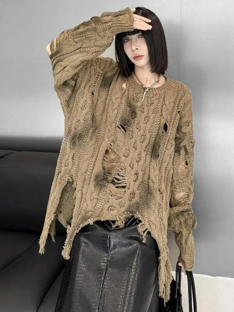 

Вязаный свитер цвета хаки большого размера с круглым вырезом и длинными рукавами, женские пуловеры, новая мода, весна-осень