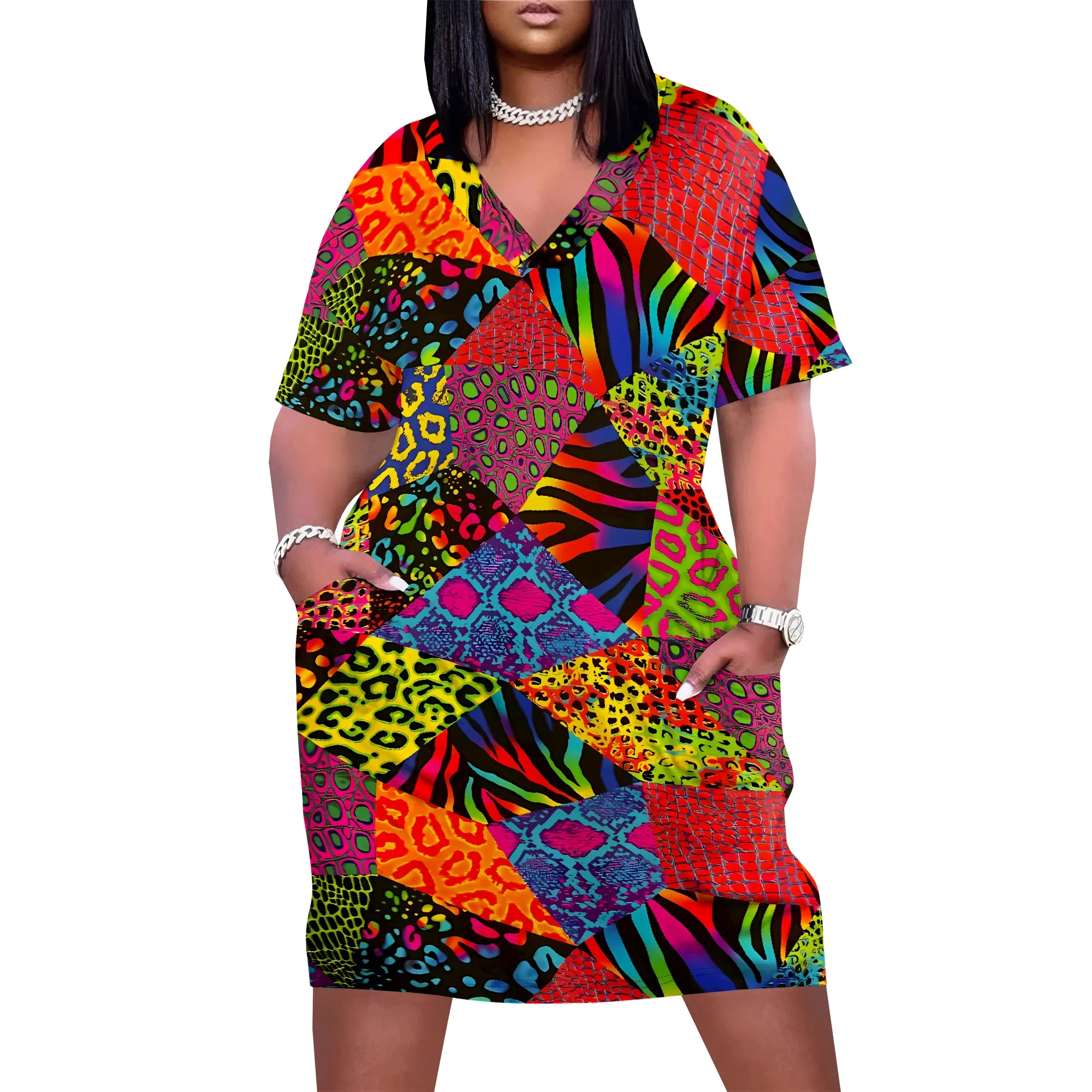 Robe mi-longue ample à col en v pour femmes, grande taille, Patchwork coloré, imprimé léopard, imprimé Floral, décontractée, manches courtes, avec poches, été