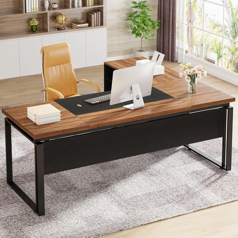 

Executive Walnut and Black L-Shaped Desk with Drawers and File Cabinet, 63" Computer Desk Set
