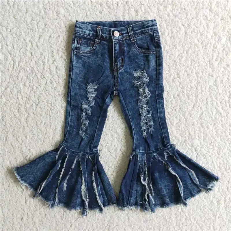 

2022 Toddlers Blue Jeans Girls Bell Bottom Tassels Kids Denim Pants Children Popular Style Boutique Wholesale Clothing Fashion