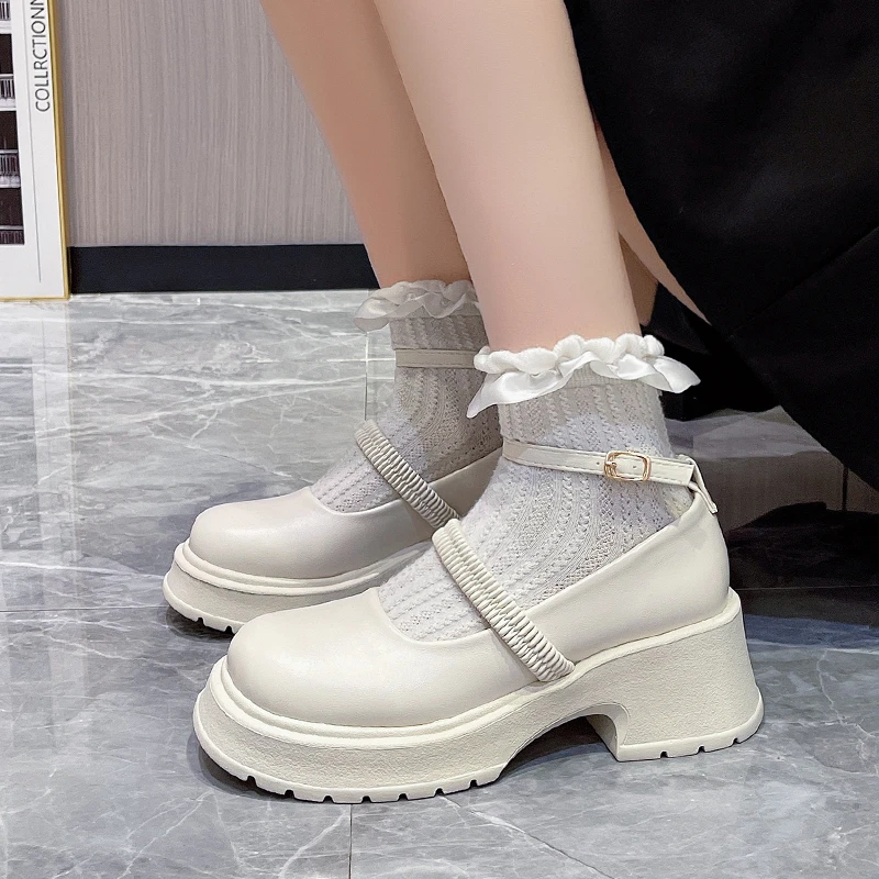 

2023 new Mary thick heel thick soled uniform single high heel women show thin retro leather shoes