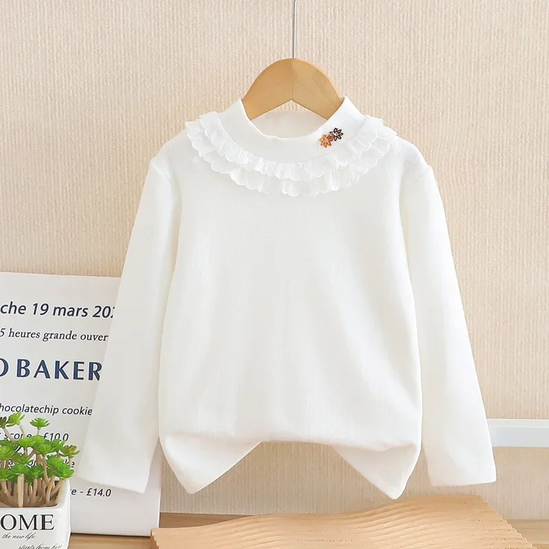 Semi-high Collar Girl Kid White Autumn Winter Top with Cherry Bow Flower Star Kid Girl Decorations Round Neckline Children Daily