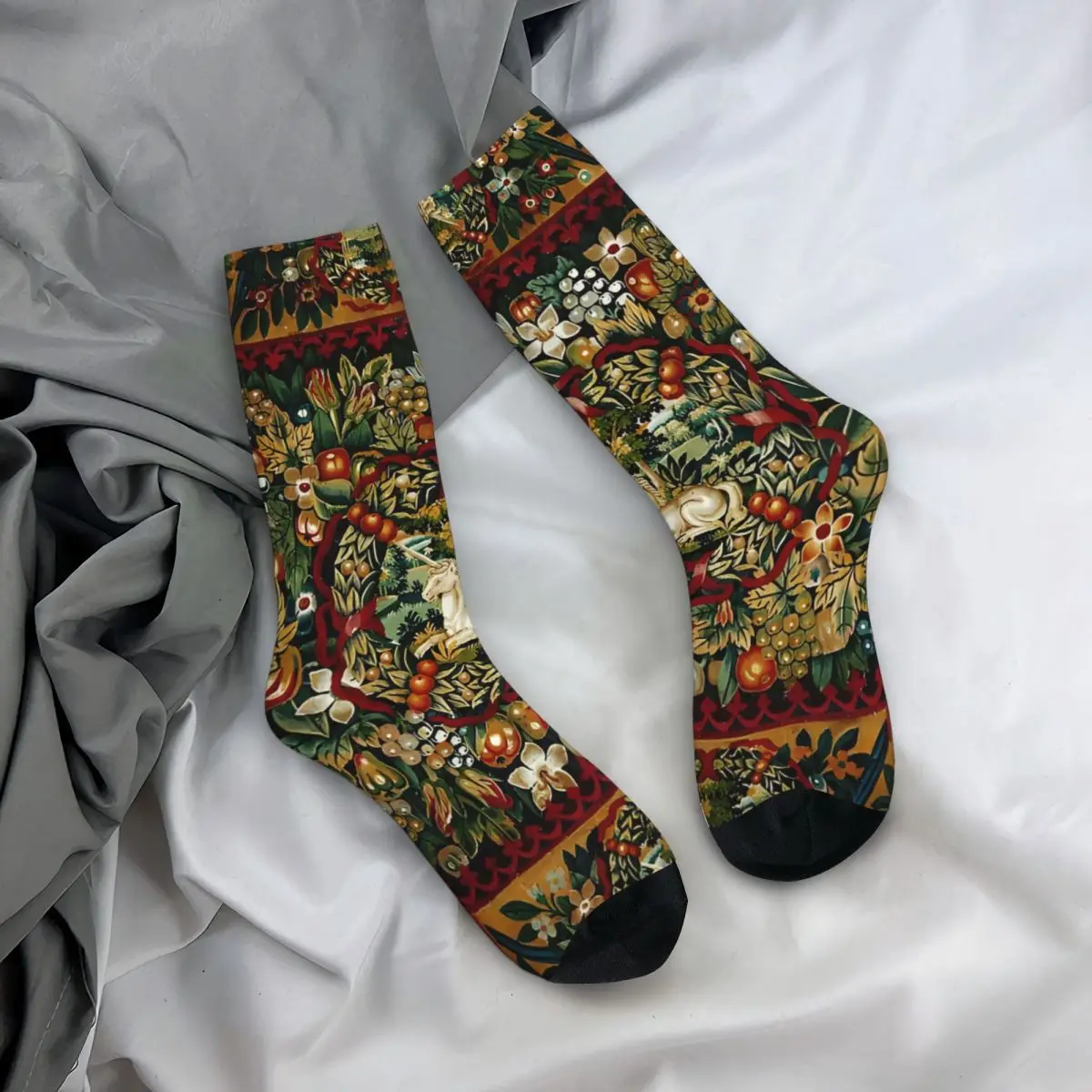 Calzini a compressione da uomo con arazzo floreale Vintage medievale unicorno Unisex modello Harajuku stampato novità Crew Sock