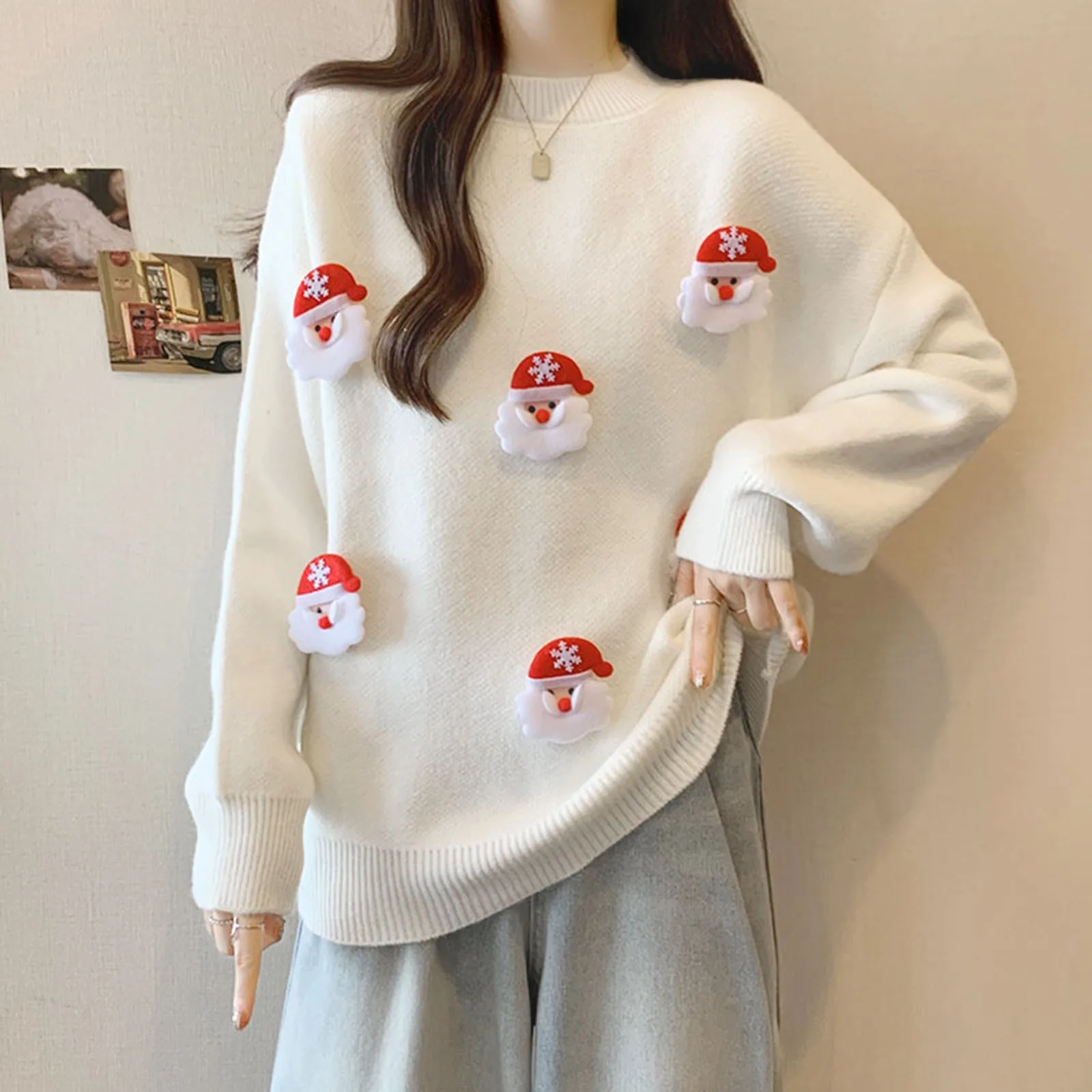 Women'S Christmas Knit Sweater Slouchy Cute Sweater Crew-Neck Long-Sleeved Slim-Fit All Match Casual Pullover Elegant Soft Top