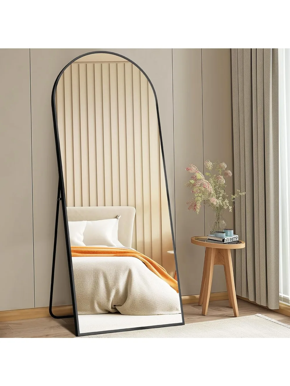 Espejo de longitud completa arqueado de 64"x21" con soporte, nanovidrio irrompible, marco de aluminio, negro