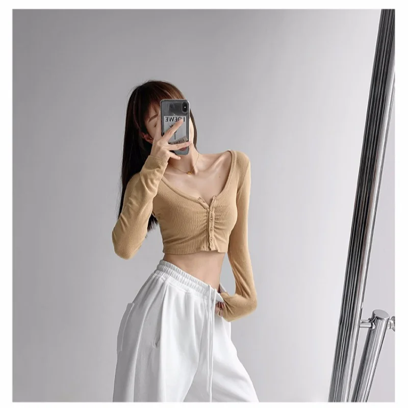 

High Waist Knitted Top Sweater, Short Navel Bottoming Shirt, Tight Big Mouth Collar, Long Sleeve T-Shirt, Slim-Fit, New