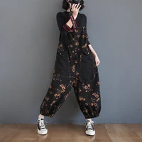 Vintage Print Floral Denim Jumpsuit Women Loose Wide Leg Baggy Straps Cargo Pants Streetwear Big Size Black Jeans Overalls Femme - Image 6