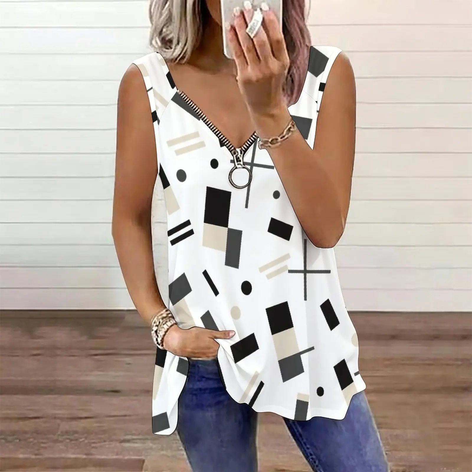 Women Black Gray Brush Stroke Printed V Neck Ring Zip Sleeveless Curved Hem Tank Top
