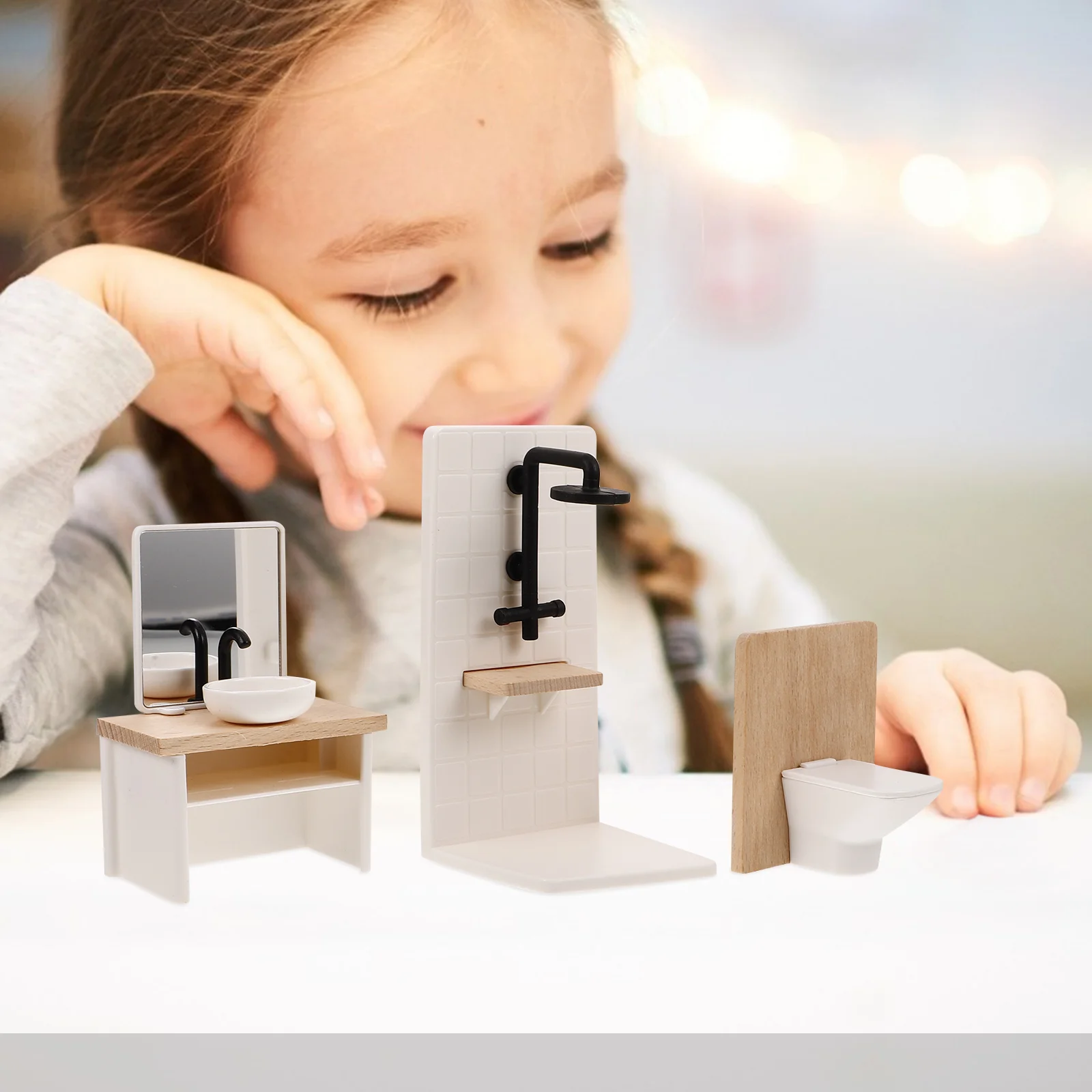 Piccoli mobili simulati Casa Mini doccia Prop Ragazza Decorazioni per il bagno Accessori in miniatura in legno