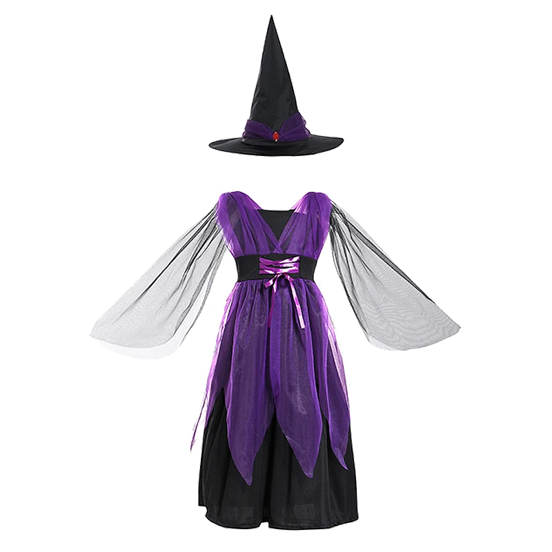 Kids Witch Halloween Costume Witch Cosplay Dress and Magic Hat Set Carnival Party Clothes for Girls Gothic Vampire Costume image 3
