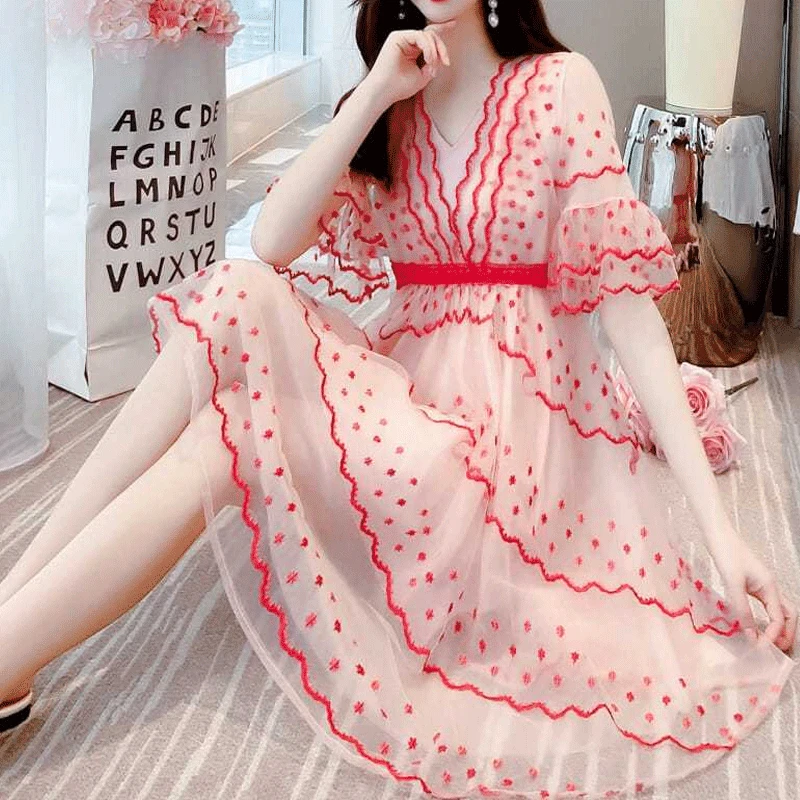 Spring and Summer New Women\'s Clothing Ruffle Sleeve V-Neck Panel Mesh Strap Zipper Fashion Korean Version Mid-long Fairy Dress