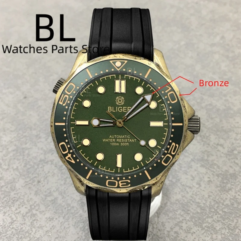 BLIGER Vintage Schwarz Bronze 007 Herren 10 ATM Tauch-Mechanische Armbanduhr Gewölbter Saphirspiegel Leuchtendes dunkelgrünes Einsatzzifferblatt