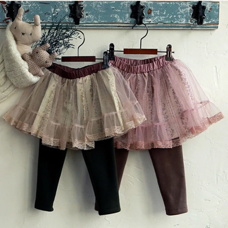 2024 Winter New Baby Kids Girls Skirt with Pants Inside Little Girls Elegant Lace Mesh Skirt Children's Tulle Clothing Princess