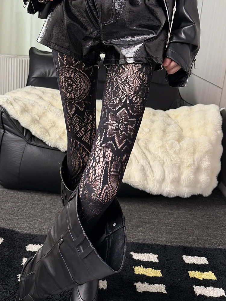 Punk Fishnet Stockings Women's Y2K Retro Style Dark Gothic Totem Large Floral Tights Nylon Sun God Print Pantyhose Boots Socks
