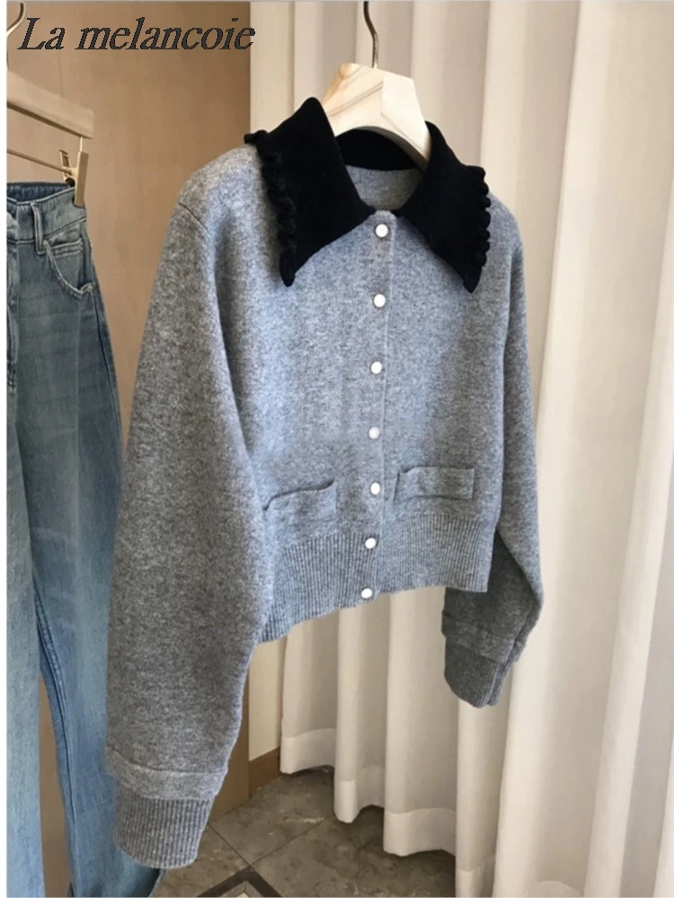 Gray Cardigan Knitted Sweater For Women Autumn Winter 2024 New Fashion Button Up Contrasting Color Doll Neck Short Sweaters Chic