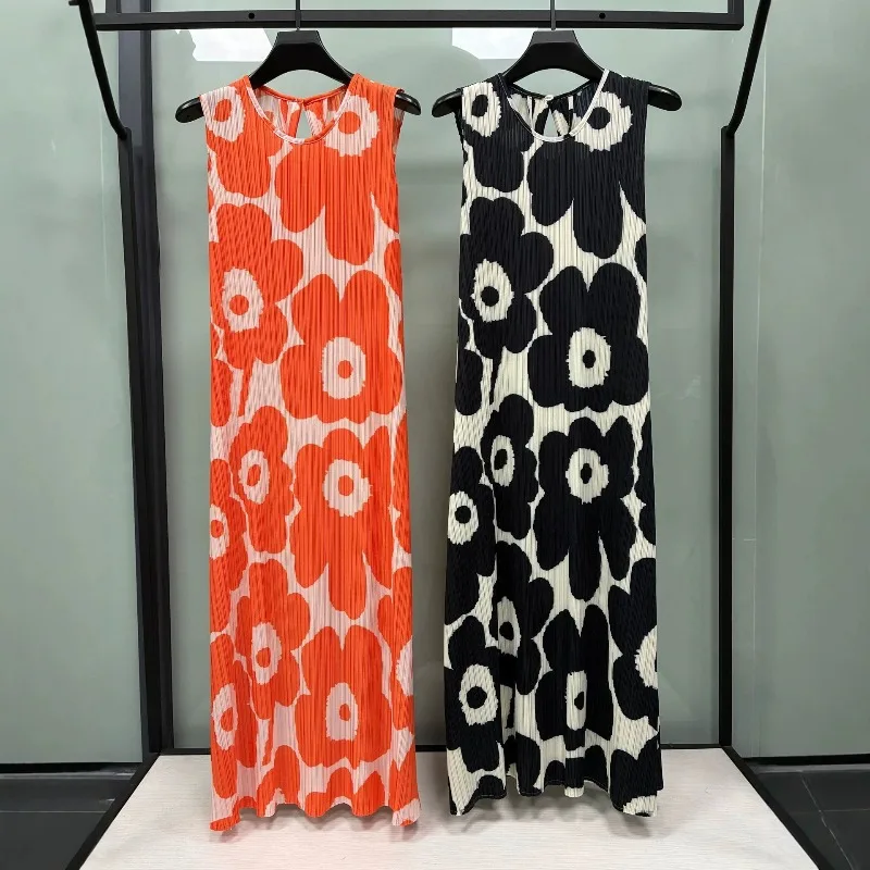

Miyake Pleated Sleeveless Dresses Plisse 2026 Summer New Loose Plus Size Fashion Casual Slimming Pleats Fold Printed Long Dress