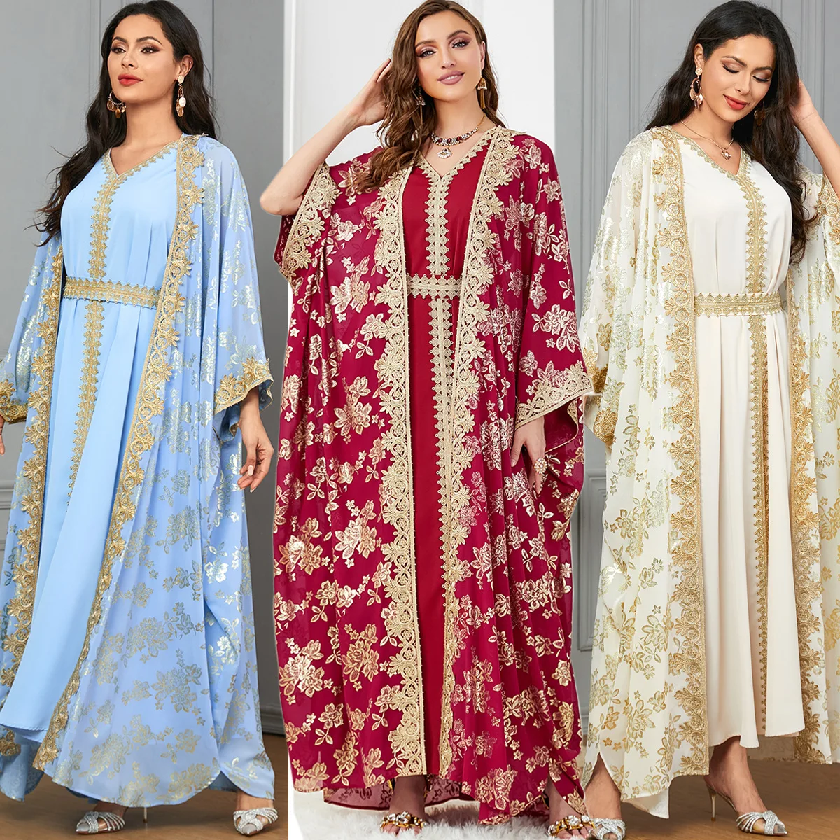 

Dubai Fashion Set Floral Gold Stamping Open Kimono Under Dress With Sashes Jalabiya African Robe for Women Muslim Kaftan Abayas