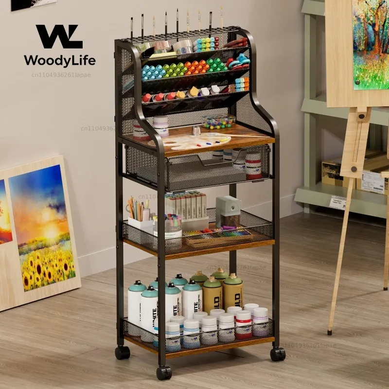 Floor Rolling Craft Car Mobile Storage Station Kitchen Cooking Car Nordic Style Trolley with Brakes
