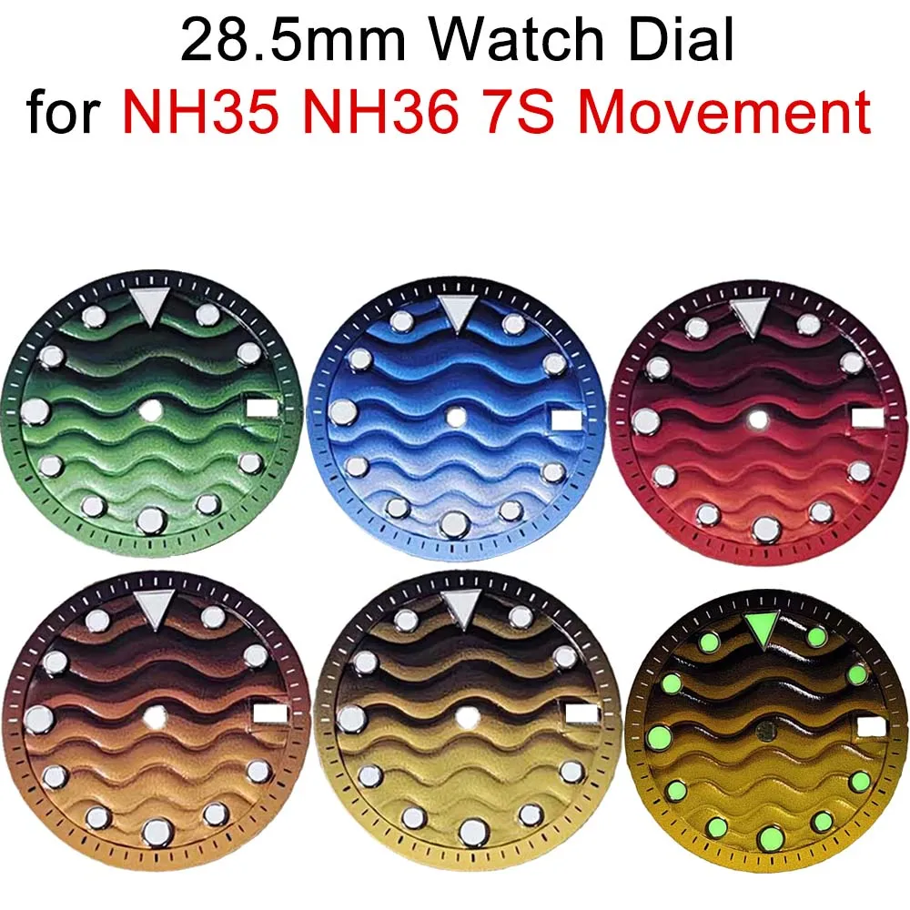 

28.5mm Wave Watch Dial for NH35 NH36 7S Movement Green Luminous Gradient Color Watch Face Red/Yellow/Blue/Green/Orange Dial