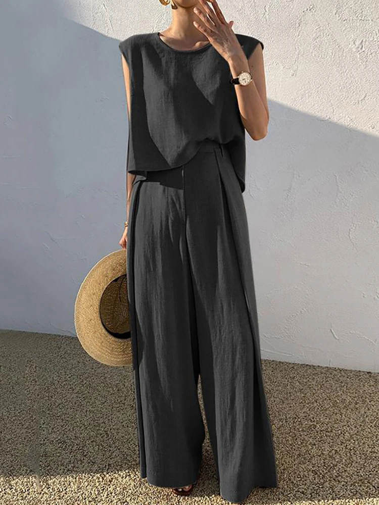 Women Fashion Two Pieces Sets Summer Solid Crew Neck Tank Tops And Wide Leg Pants Sleeveless Blouse Loose Long Trousers Suits