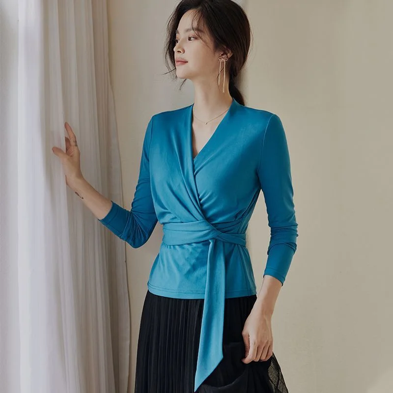 Intellectual V-neck Sweater Autumn and Winter New Elegant Peacock Blue Slim-Fitting Patchwork Lace-up Top