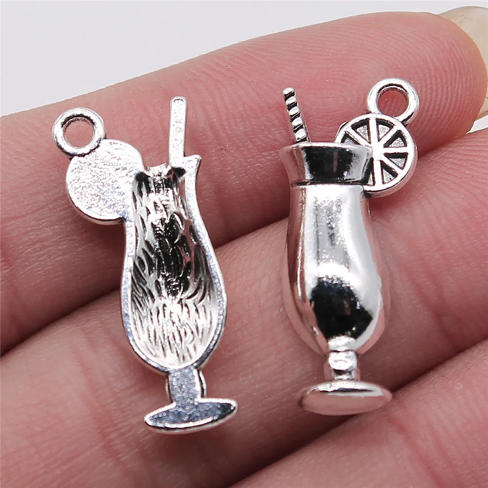 4pcs 12x28mm Antique Silver Color A Glass Of Lemon Juice Charms Handmade Jewelry Making Accessories