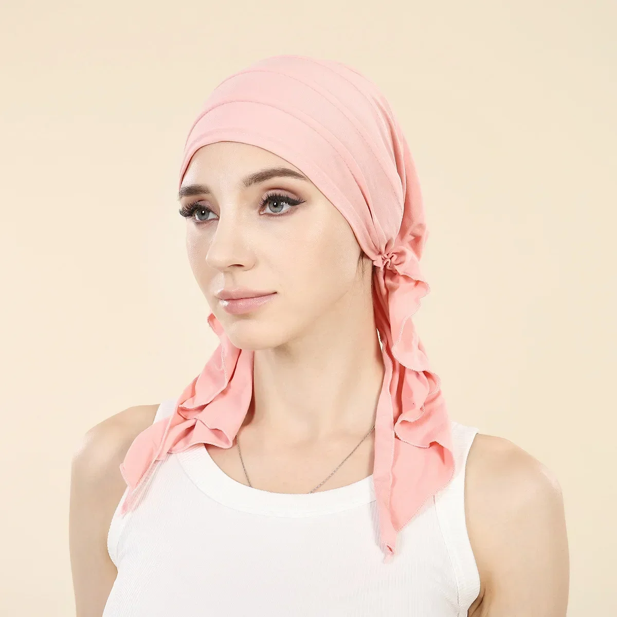 Women Pre-Tied Hat Muslim Inner Hijab Headscarf Long Tail Hair Loss Chemo Cap Bonnet Turban Bandanas Headband Turbante Mujer