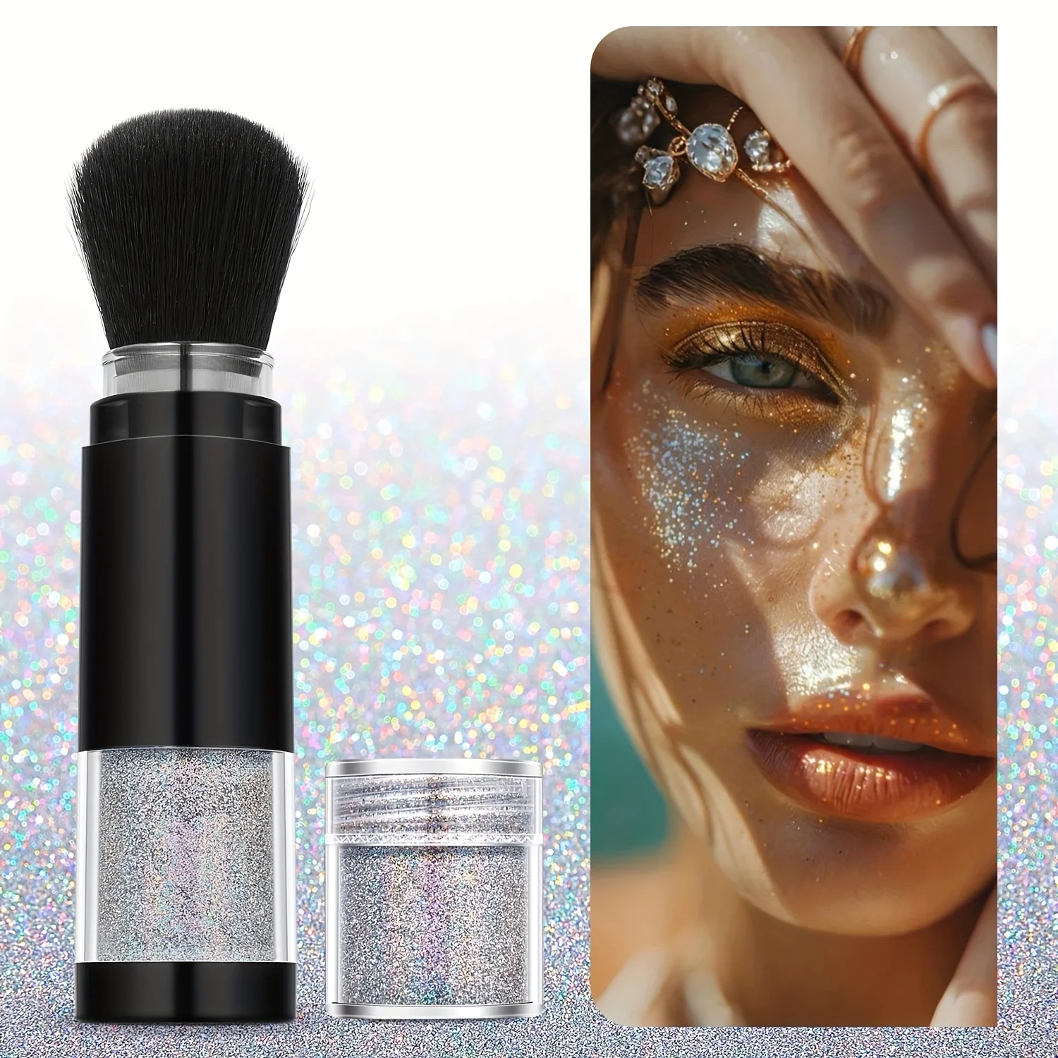 بودرة هايلايتر للجسم اللامعة مع مجموعة فرش تأتي مع عبوة، بودرة الجسم اللامعة شديدة اللمعان لجسم شعر الوجه