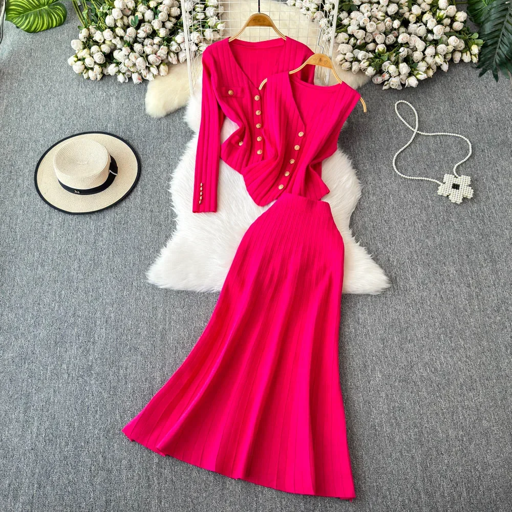 Women Three-Piece Sets Vintage Sleeveless Vest Knit Cardigan Top High Waist Mermaid Skirt Korean High Street Winter Clothing