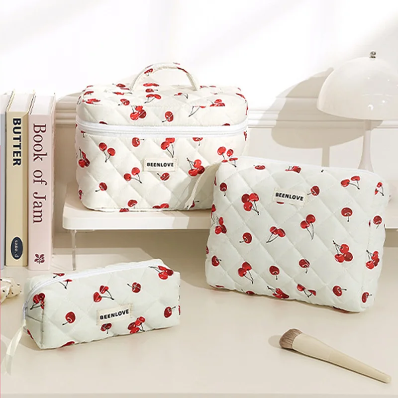 Sac à main de voyage en coton courtepointe pour femme, trousse de maquillage mignonne, trousse de toilette portable, trousse cosmétique à fermeture éclair pour filles, 1 PC