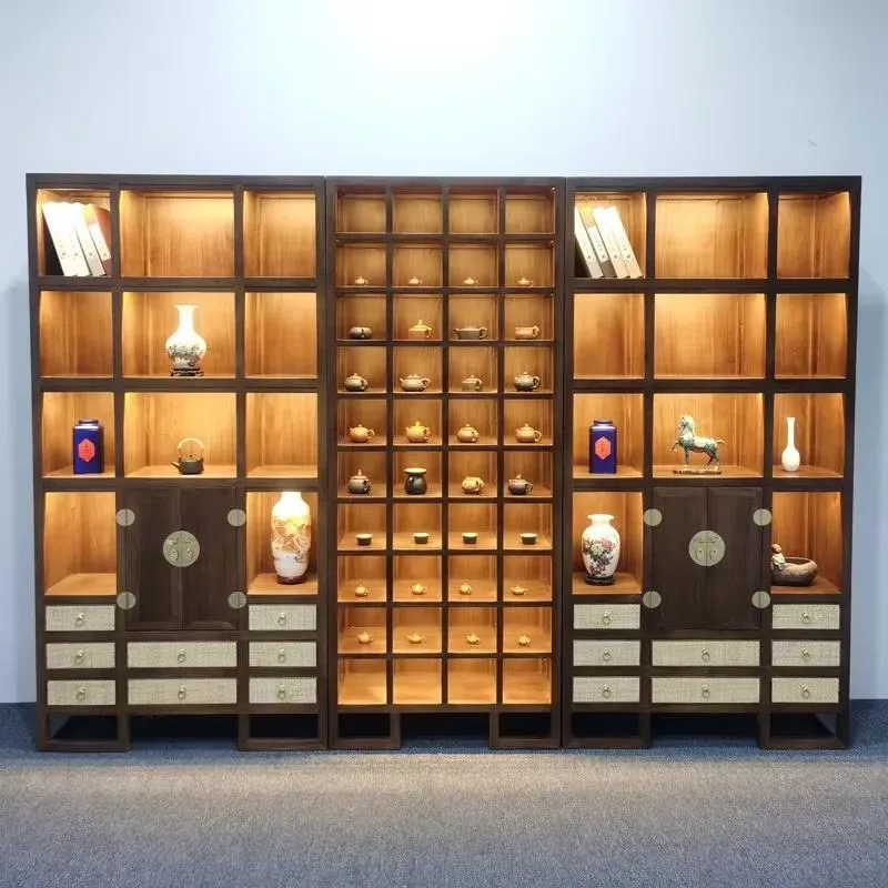 Solid Wood Display Cabinet with Glass Door Antique Style Movable Tea Cabinet for Yixing Teapot and Collectibles Storage Rack