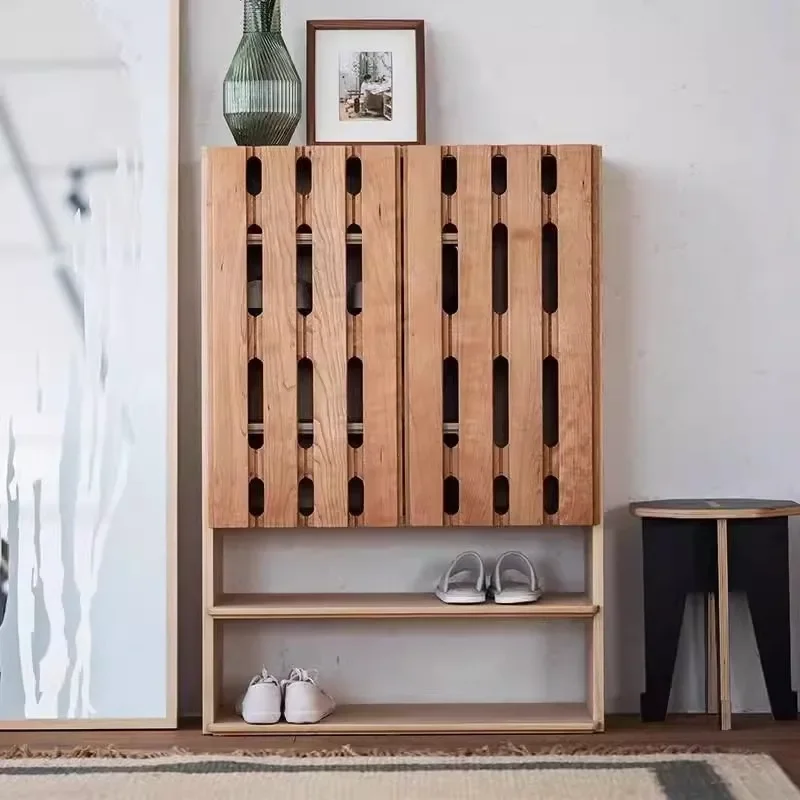 Grille shoe cabinet entrance foyer cabinet, solid wood furniture, breathable original design Japanese style, Nordic wabi-sabi