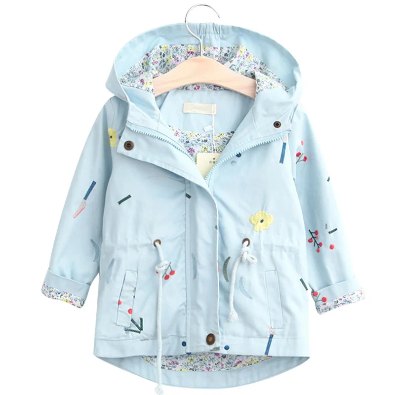 Girls baby girl windbreaker jacket kids flower embroidery long sleeve hooded windbreaker jacket autumn spring child jacket