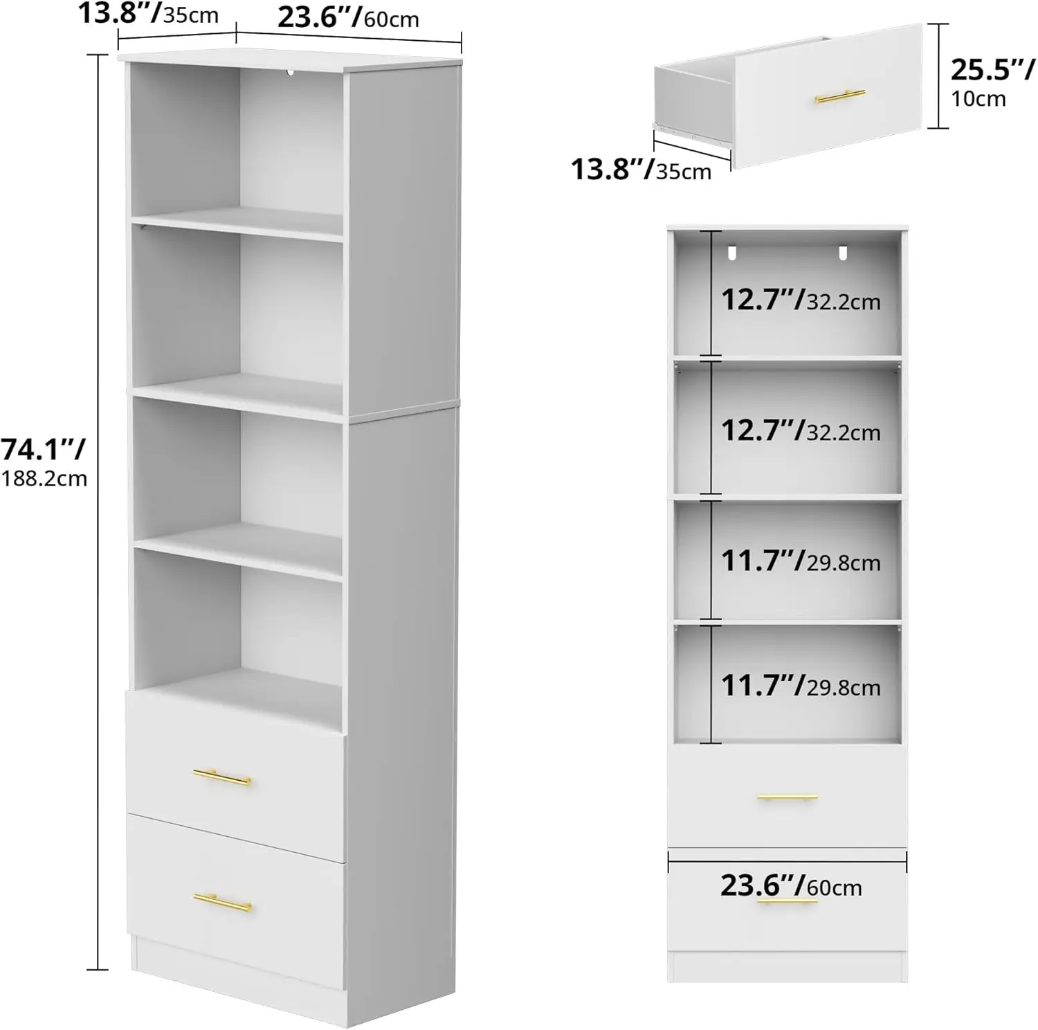 Cozy Castle 74.1'' White Bookcase with Drawers, 4-Tier Freestanding Shelf, Adjustable Shelves for Bedroom, Living Room, Office.