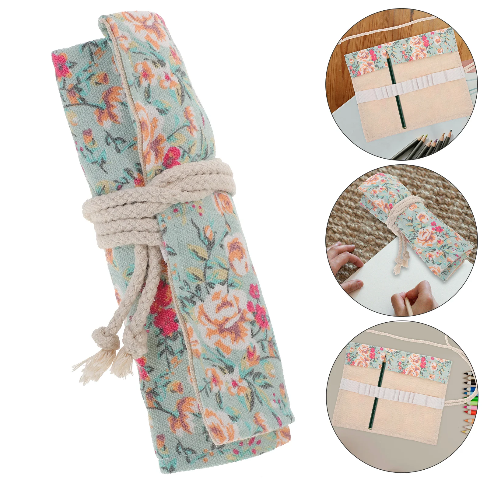 Stationery Bags Canvas Portable Rolling Pencil Roll Wrap Holder Pouch Case Pink Floral Style Storage Organizer With 12-hole