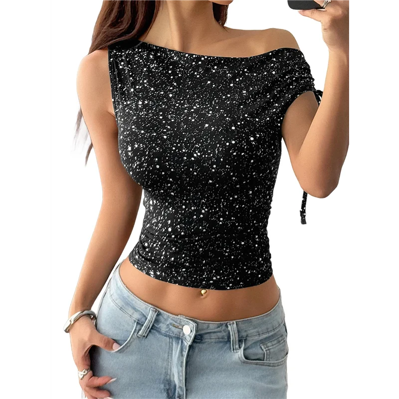 ABRT-One ไหล่เลื่อม Sparkly Tops สําหรับผู้หญิง Ruched ไม่สมมาตร Glitter Tops Slimming Party เสื้อ