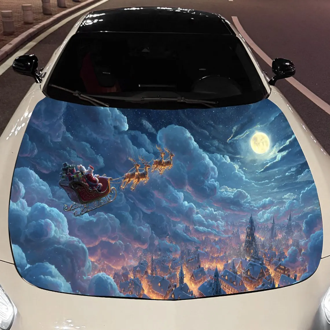 

Christmas Eve Cloud Reindeer Sleigh Car Vinyl Wrap, PVC Material Waterproof Car Hood Sticker, Self-Adhesive Scratch-Resistant St