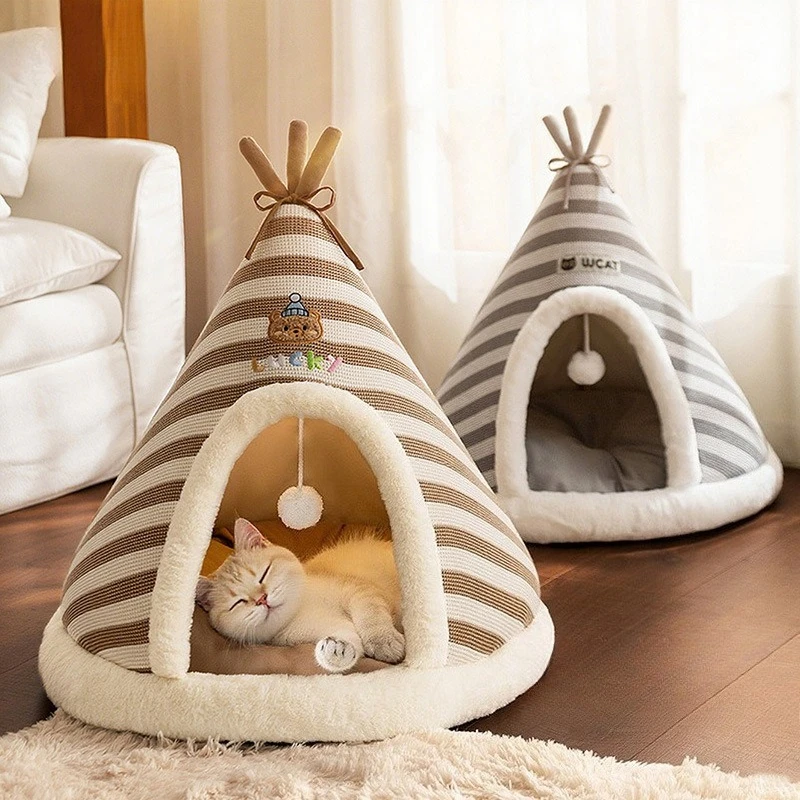 

Вязаная плюшевая палатка, спальный домик для домашних животных, теплый треугольный домик для кошек, пещера для щенков, диван, кровать для домашних животных, домик для маленьких собак, средние кошки