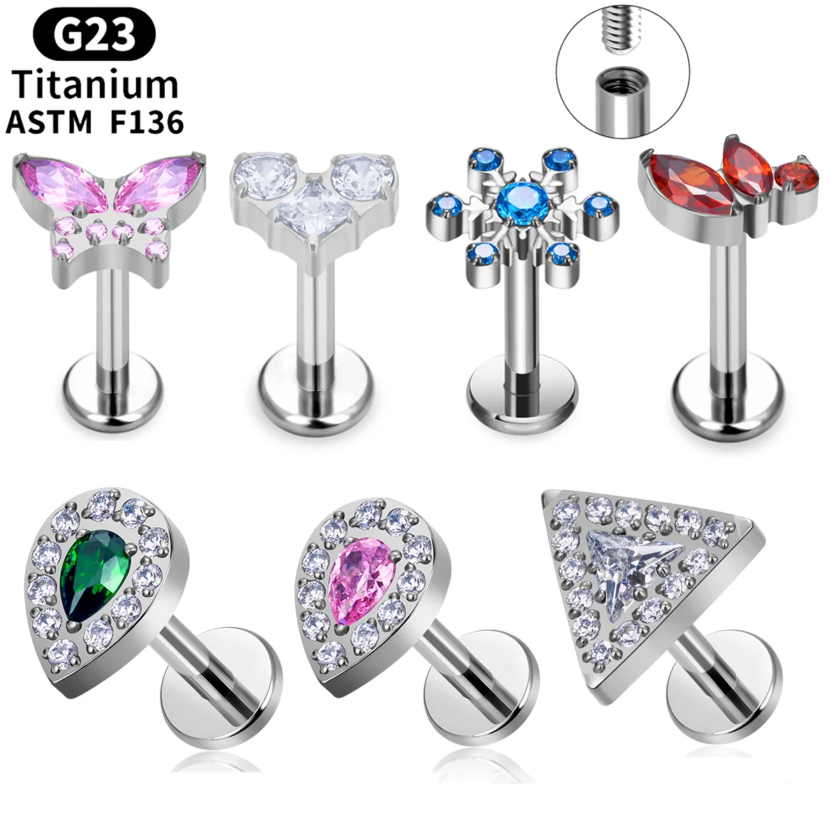 ASTM F136 G23 Titanium Triangle Heart Fox Tragus Cartilage Daith Helix Piercing Stud Earrings Women CZ 16G Ear Stud Body Jewelry